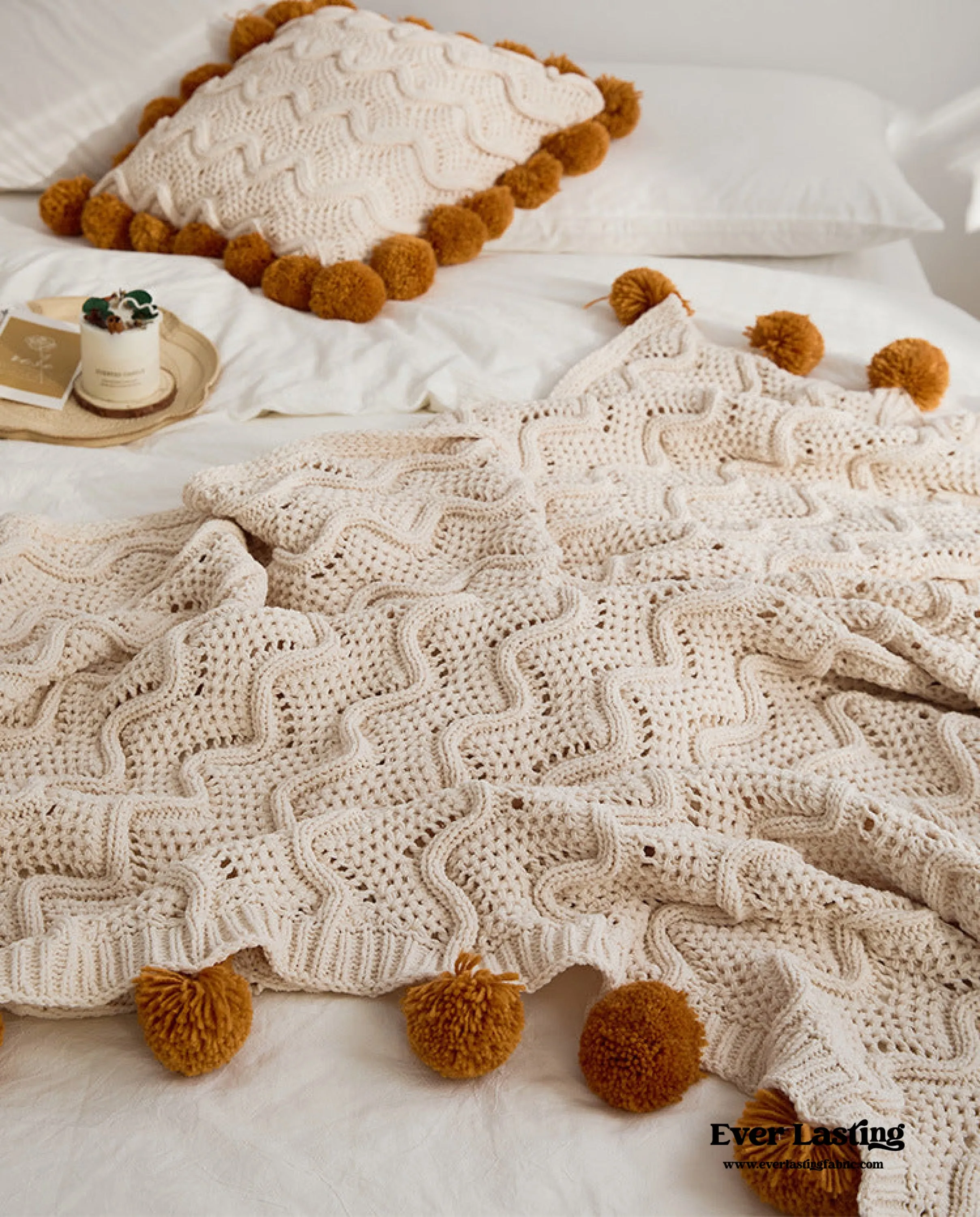 Fuzzy Ball Plush Knit Blanket & Pillow Set / Beige