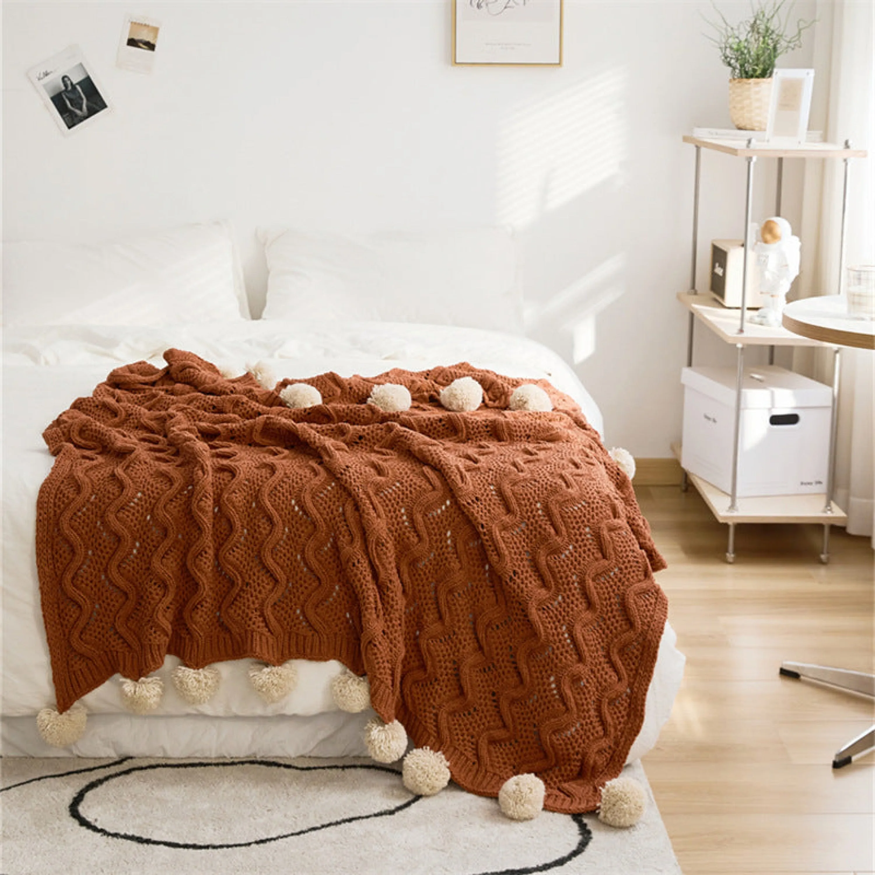 Fuzzy Ball Plush Knit Blanket & Pillow Set / Beige