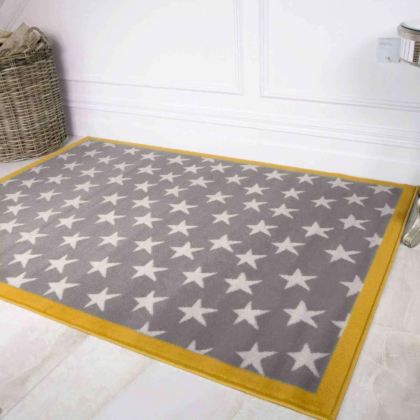 Grey Yellow Kids Bedroom Stars Rug
