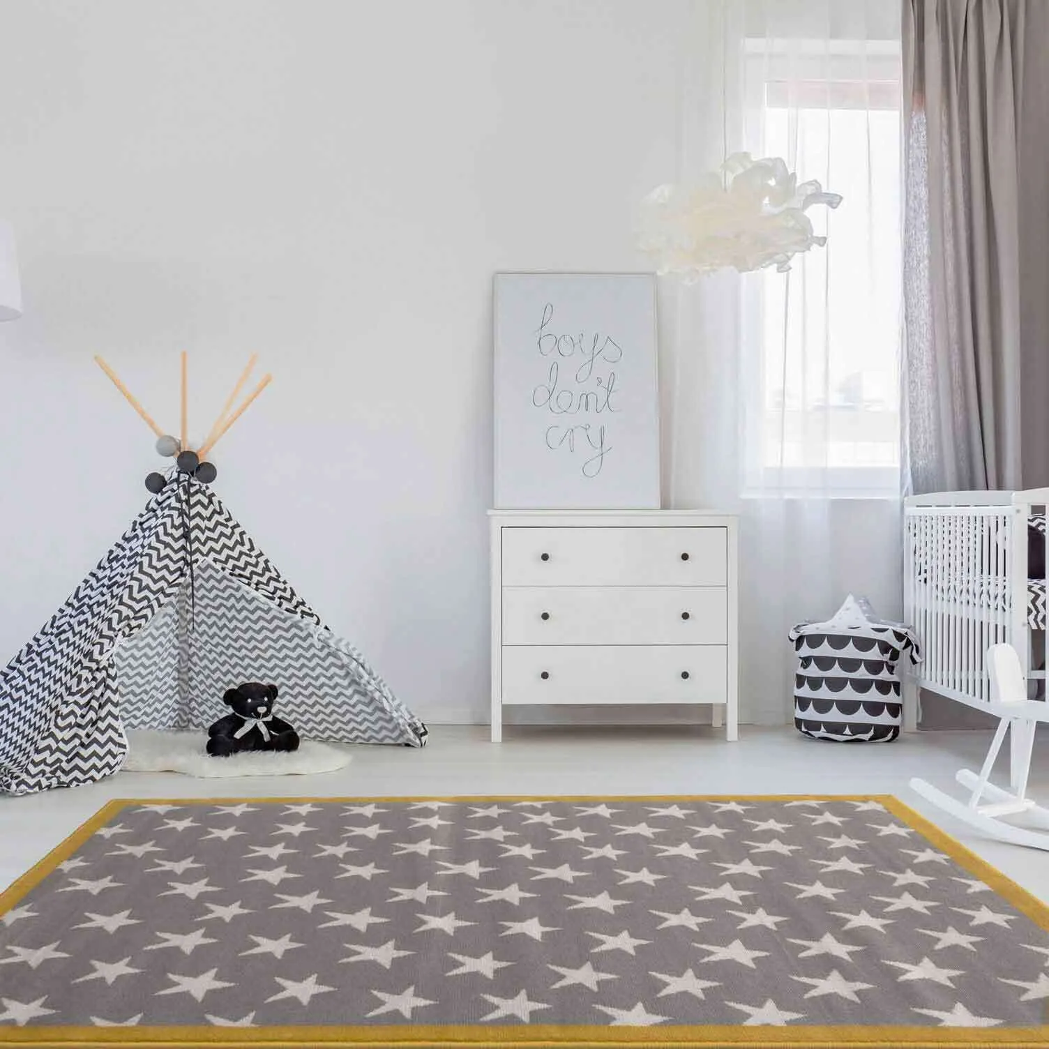 Grey Yellow Kids Bedroom Stars Rug