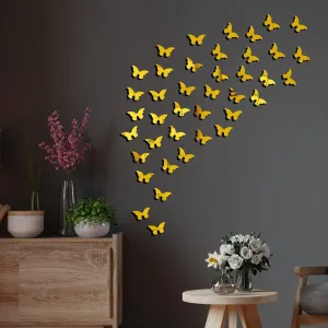 HAPPINY 40 Cut Butterflies Golden, Mirror Stickers for Wall, Decorative Acrylic Mirror Wall Decor Sticker, Wall Mirror Stickers, Acrylic Stickers, Wall Stickers for Hall, Bed Room, Kitchen