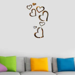 HAPPINY 8 Lovely Hearts Golden, Mirror Stickers for Wall, Acrylic Mirror Wall Decor Sticker, Wall Mirror Stickers, Acrylic Stickers, Self Adhesive Wall Stickers for Hall Room, Bed Room, Kitchen