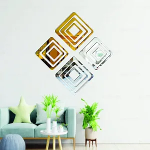 HAPPINY Acrylic Mirror Wall Stickers 12 Six Size Square Combo (Golden & Silver)