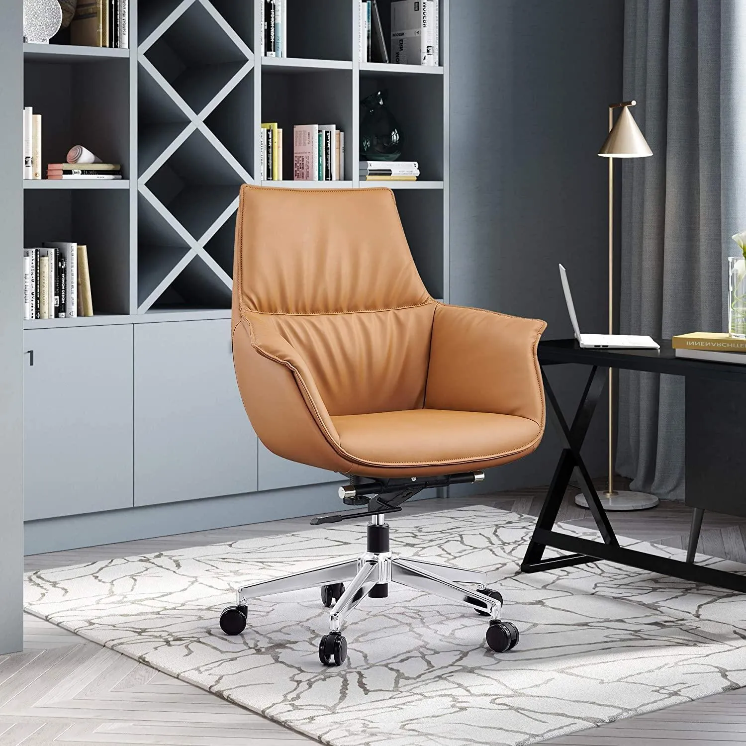 Height Adjustable Swivel PU Upholstered Modern Office Chair with Tiltable Back, Yellow