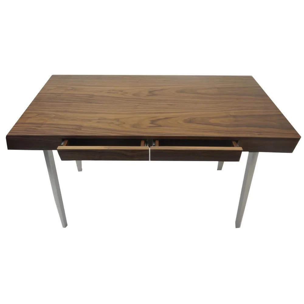 Hle 47 Inch Desk, Walnut Brown Wood Top, 2 Drawers, High Polished Steel By Casagear Home