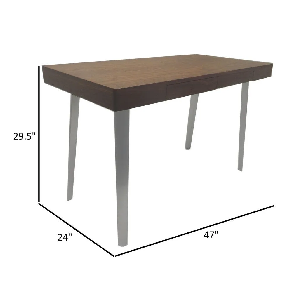 Hle 47 Inch Desk, Walnut Brown Wood Top, 2 Drawers, High Polished Steel By Casagear Home