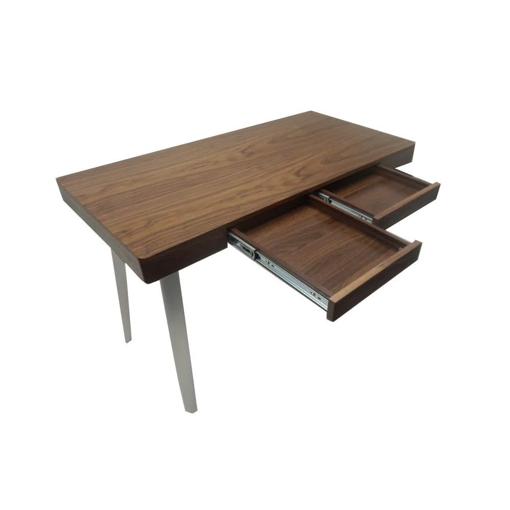 Hle 47 Inch Desk, Walnut Brown Wood Top, 2 Drawers, High Polished Steel By Casagear Home