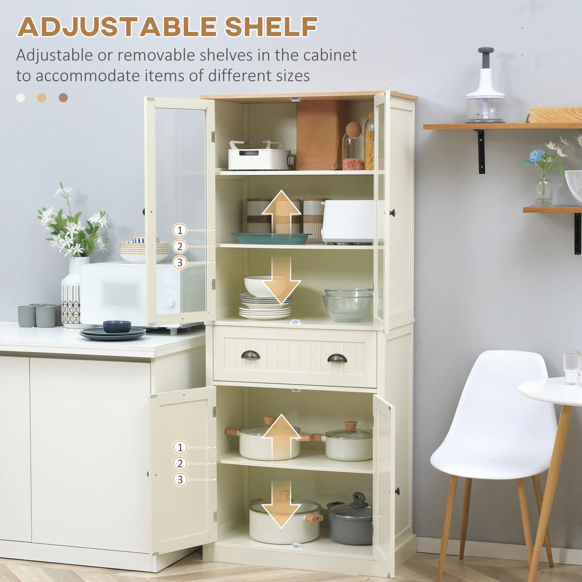 HOMCOM Freestanding 5-Tier Kitchen Cupboard - Adjustable Shelves & Drawer - Cream White Storage Cabinet for Living & Dining Room