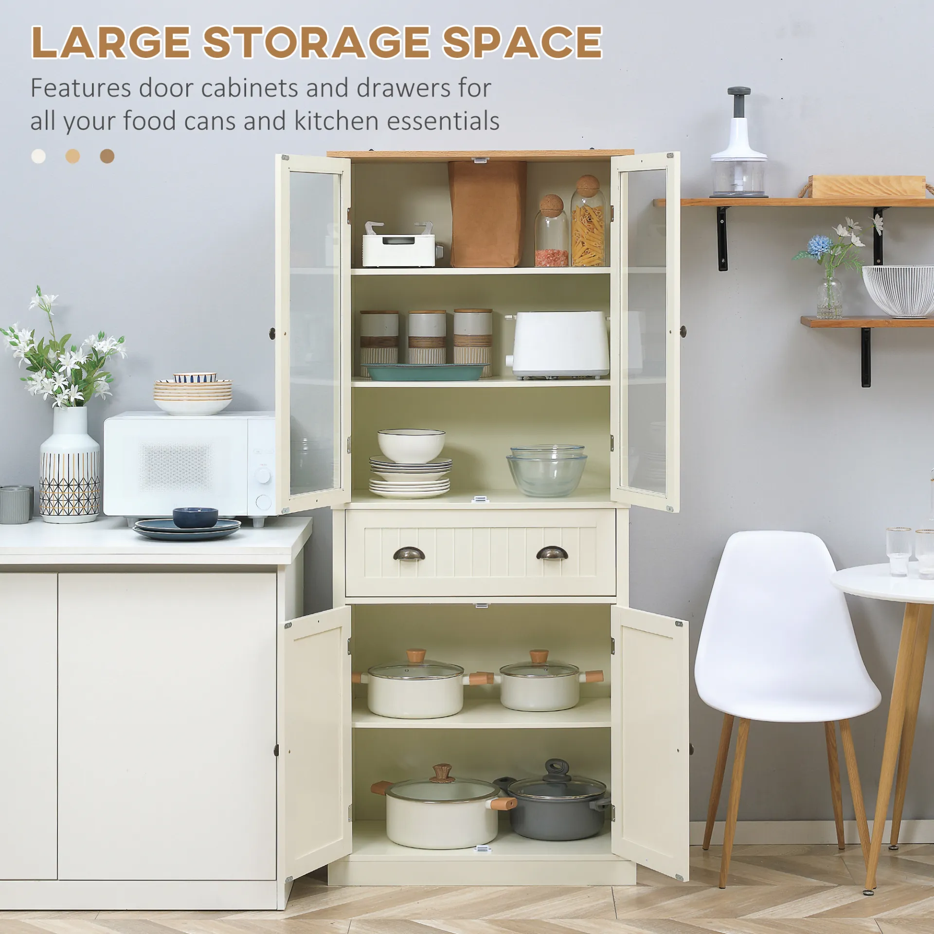 HOMCOM Freestanding 5-Tier Kitchen Cupboard - Adjustable Shelves & Drawer - Cream White Storage Cabinet for Living & Dining Room