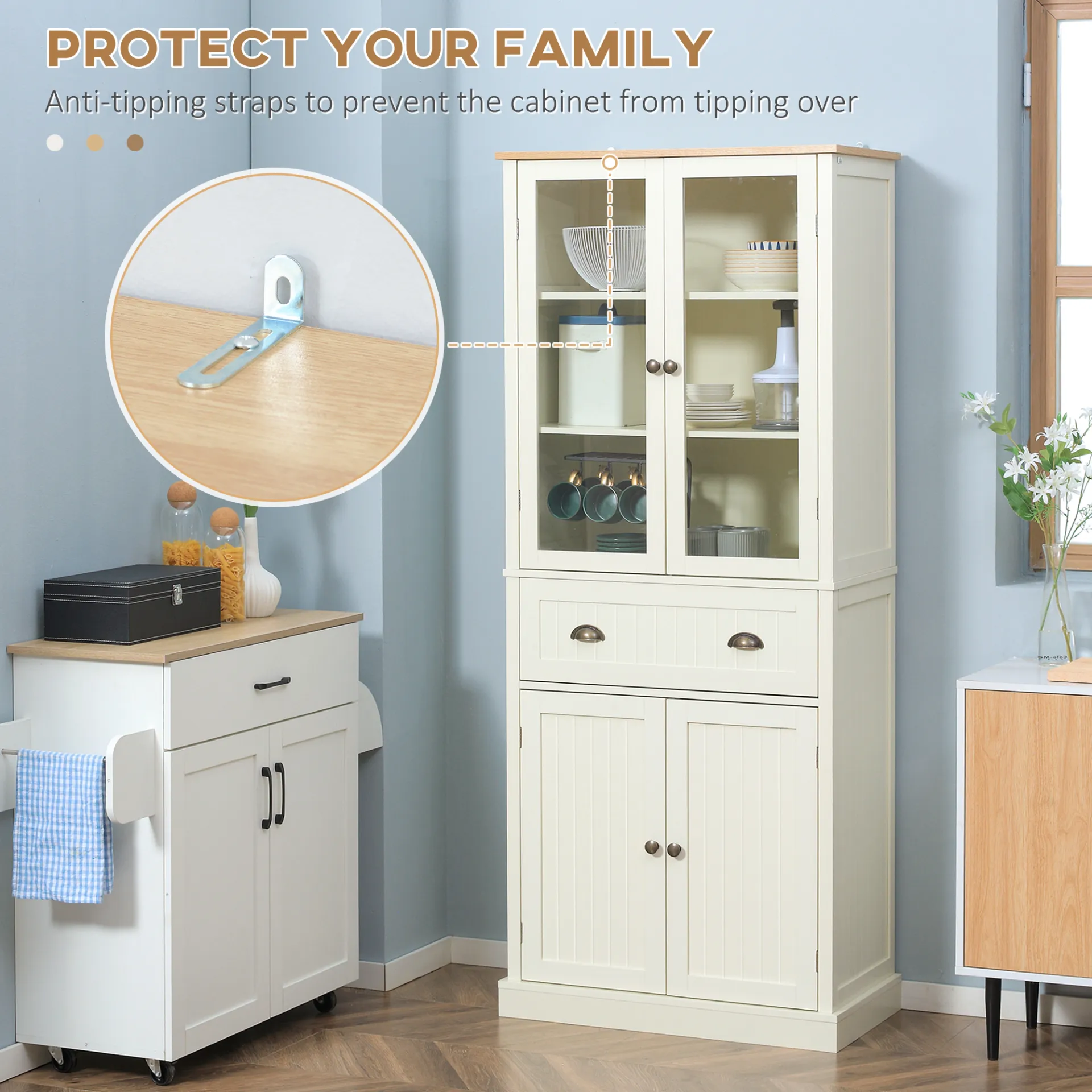 HOMCOM Freestanding 5-Tier Kitchen Cupboard - Adjustable Shelves & Drawer - Cream White Storage Cabinet for Living & Dining Room