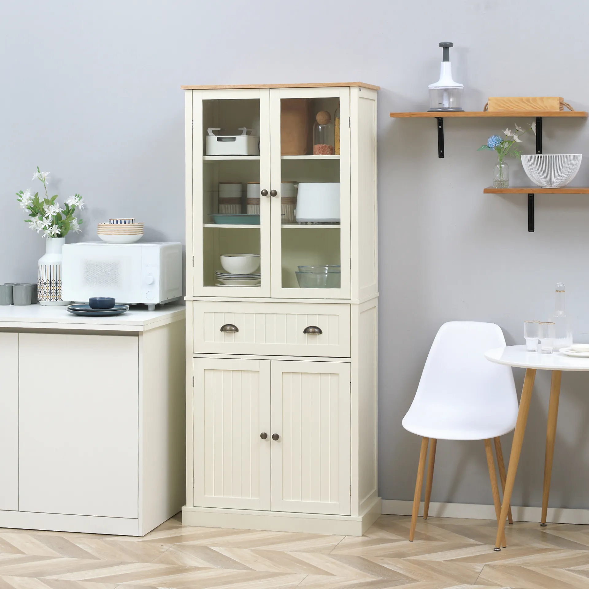 HOMCOM Freestanding 5-Tier Kitchen Cupboard - Adjustable Shelves & Drawer - Cream White Storage Cabinet for Living & Dining Room