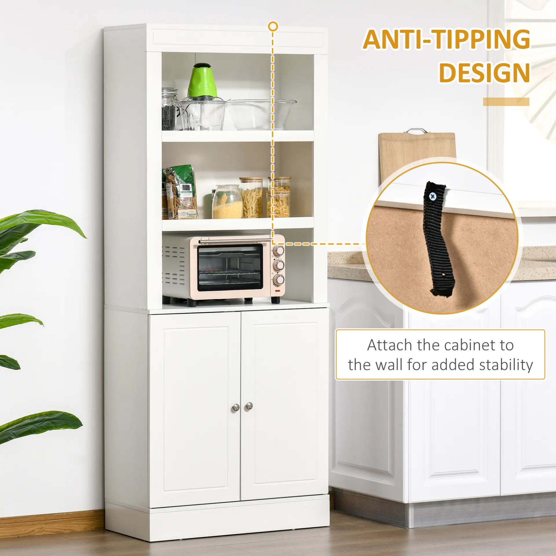 HOMCOM Freestanding Kitchen Cupboard with Adjustable 6-Tier Shelving and Double-Door Cabinet - White