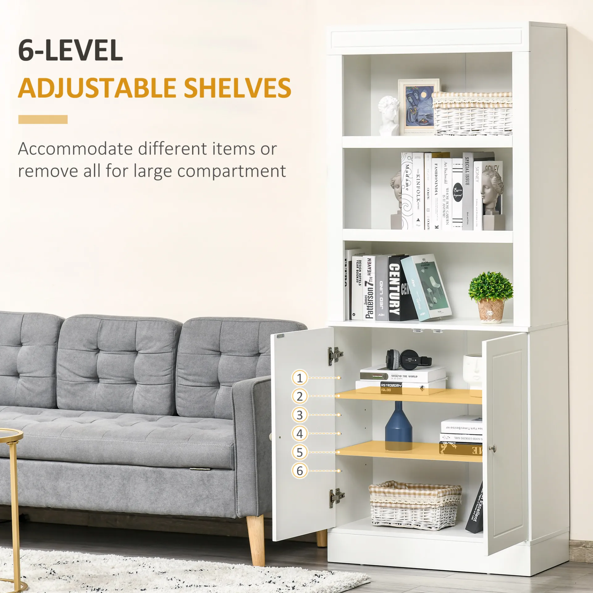 HOMCOM Freestanding Kitchen Cupboard with Adjustable 6-Tier Shelving and Double-Door Cabinet - White