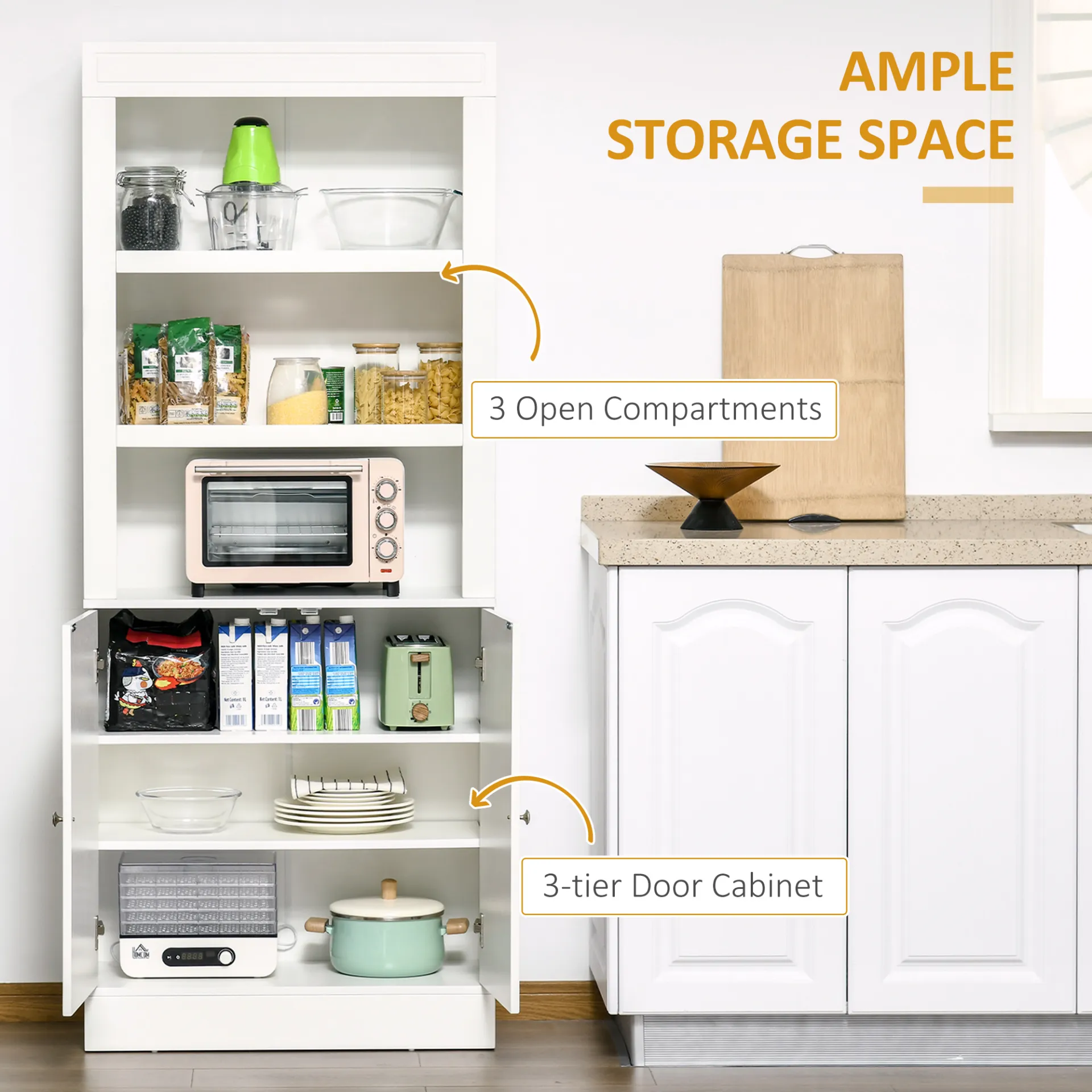 HOMCOM Freestanding Kitchen Cupboard with Adjustable 6-Tier Shelving and Double-Door Cabinet - White