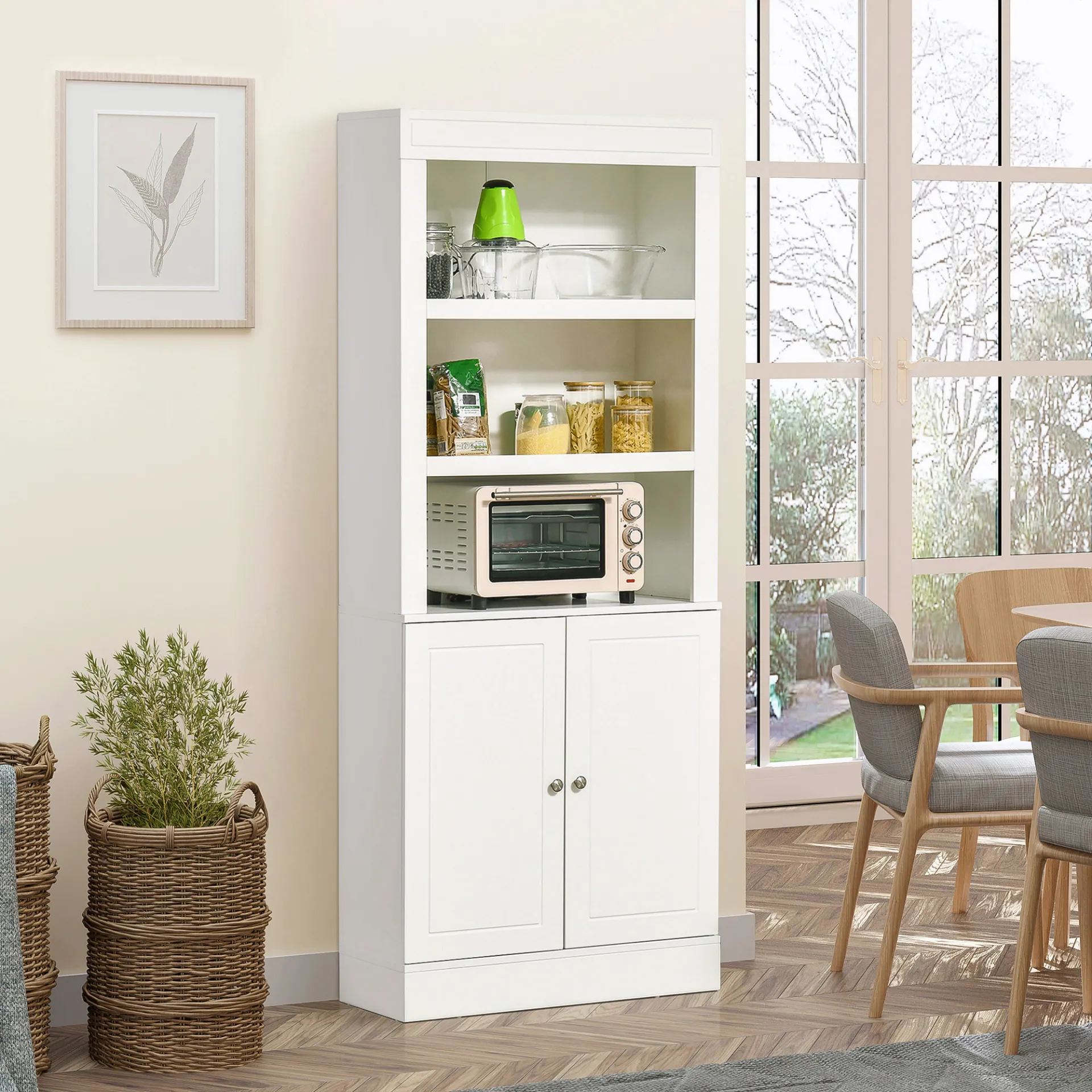 HOMCOM Freestanding Kitchen Cupboard with Adjustable 6-Tier Shelving and Double-Door Cabinet - White