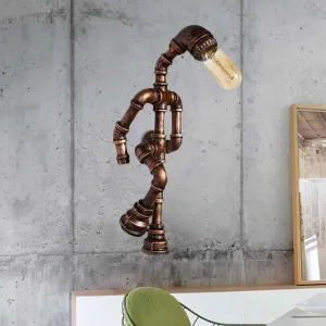 Industrial Metal Bronze Wall Sconce Light: Standing Human Shape, 1-Bulb Pipe Lamp