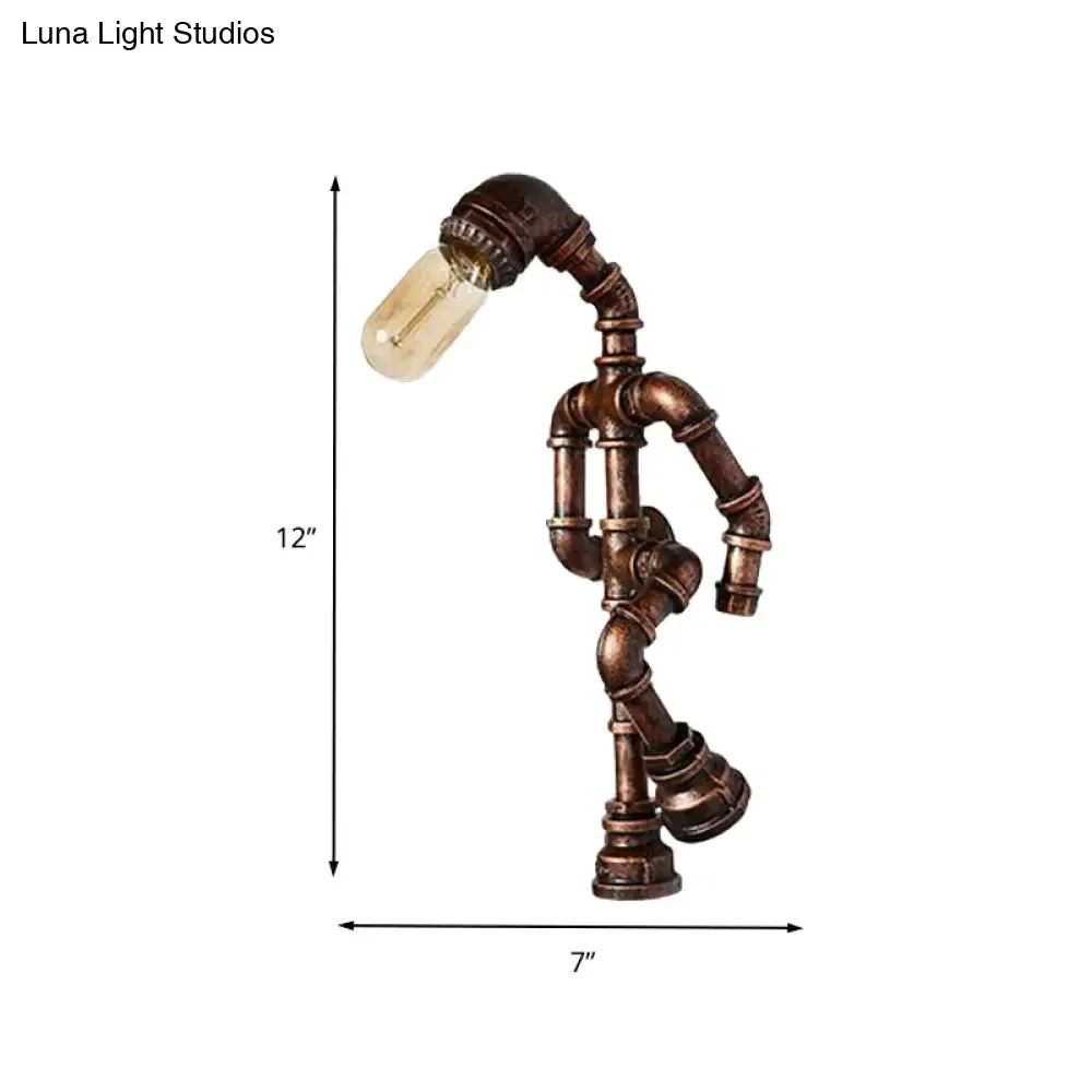 Industrial Metal Bronze Wall Sconce Light: Standing Human Shape, 1-Bulb Pipe Lamp