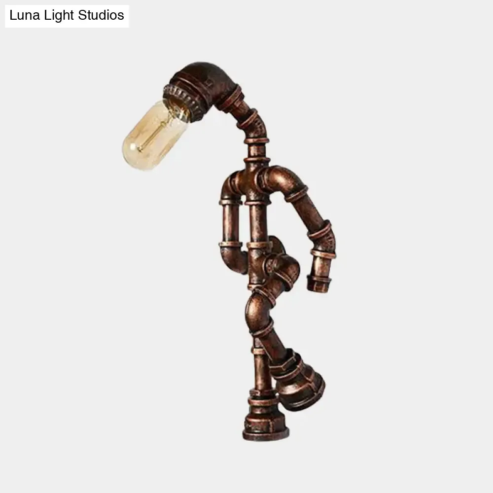 Industrial Metal Bronze Wall Sconce Light: Standing Human Shape, 1-Bulb Pipe Lamp