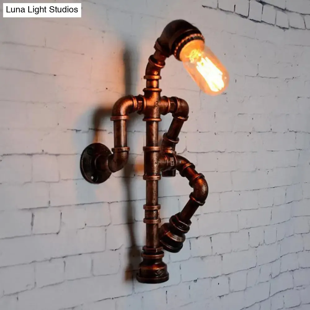 Industrial Metal Bronze Wall Sconce Light: Standing Human Shape, 1-Bulb Pipe Lamp
