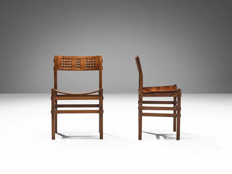 Italian Set of Six Dining Chairs in Oak with Geometrical Carved Backrests