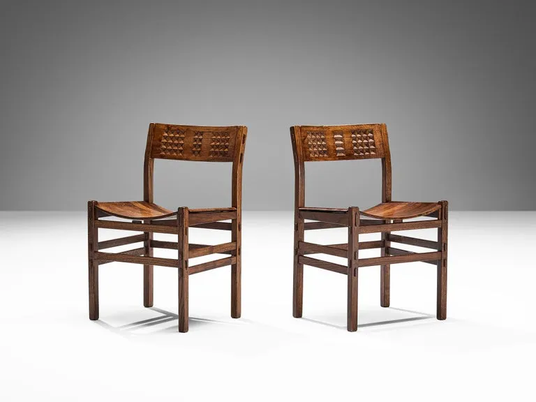 Italian Set of Six Dining Chairs in Oak with Geometrical Carved Backrests