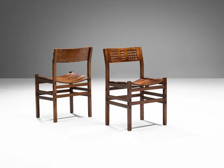 Italian Set of Six Dining Chairs in Oak with Geometrical Carved Backrests