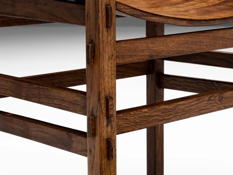 Italian Set of Six Dining Chairs in Oak with Geometrical Carved Backrests
