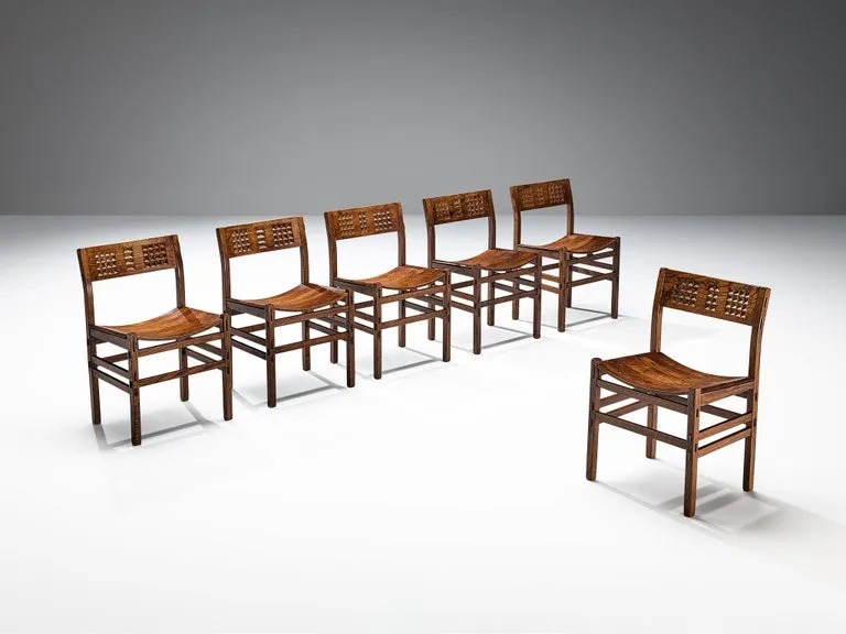 Italian Set of Six Dining Chairs in Oak with Geometrical Carved Backrests