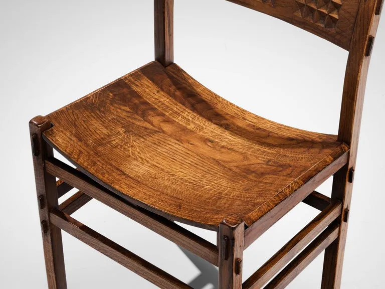 Italian Set of Six Dining Chairs in Oak with Geometrical Carved Backrests