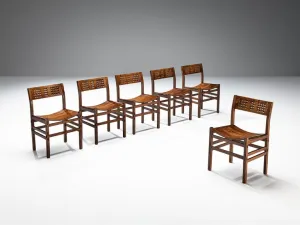 Italian Set of Six Dining Chairs in Oak with Geometrical Carved Backrests