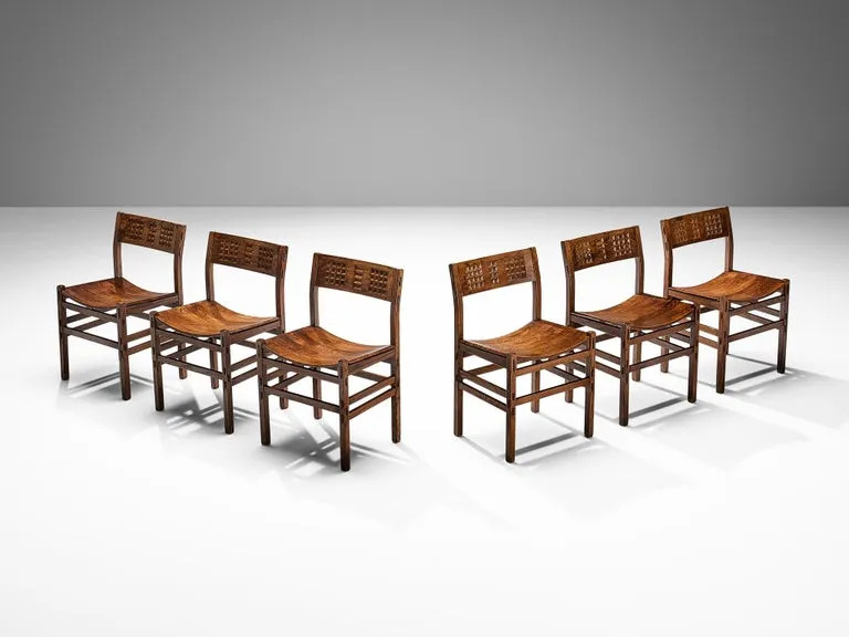 Italian Set of Six Dining Chairs in Oak with Geometrical Carved Backrests