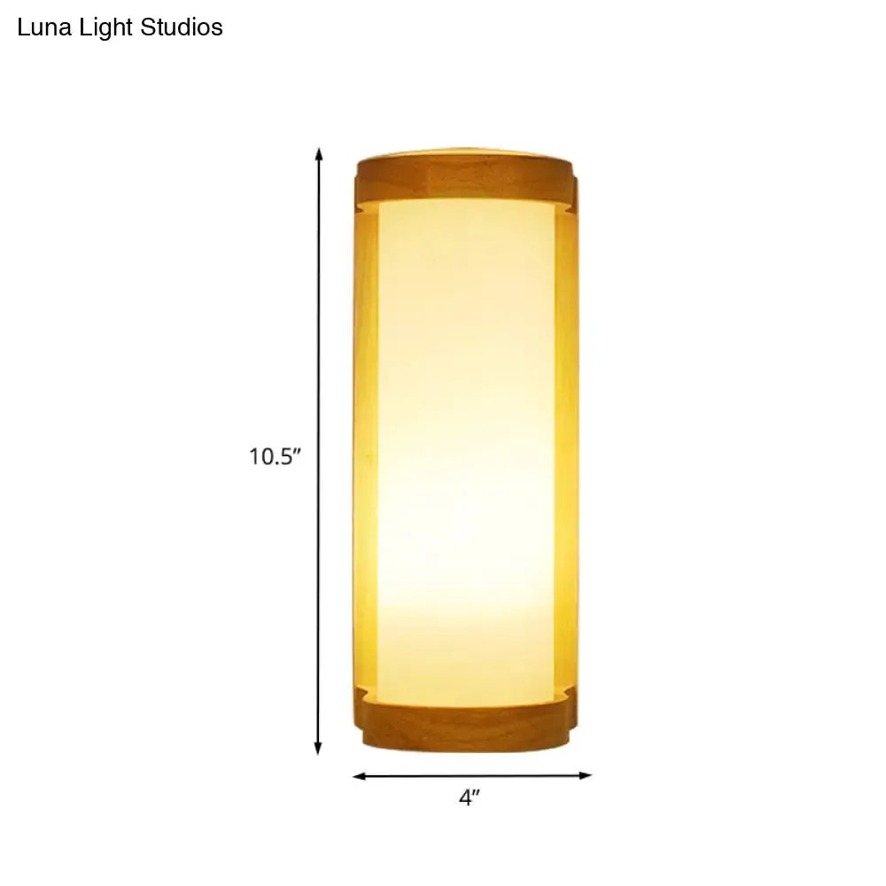 Japanese Style Cylinder Cream Glass Sconce - 1 Light Wood Wall Lamp Fixture for Corners