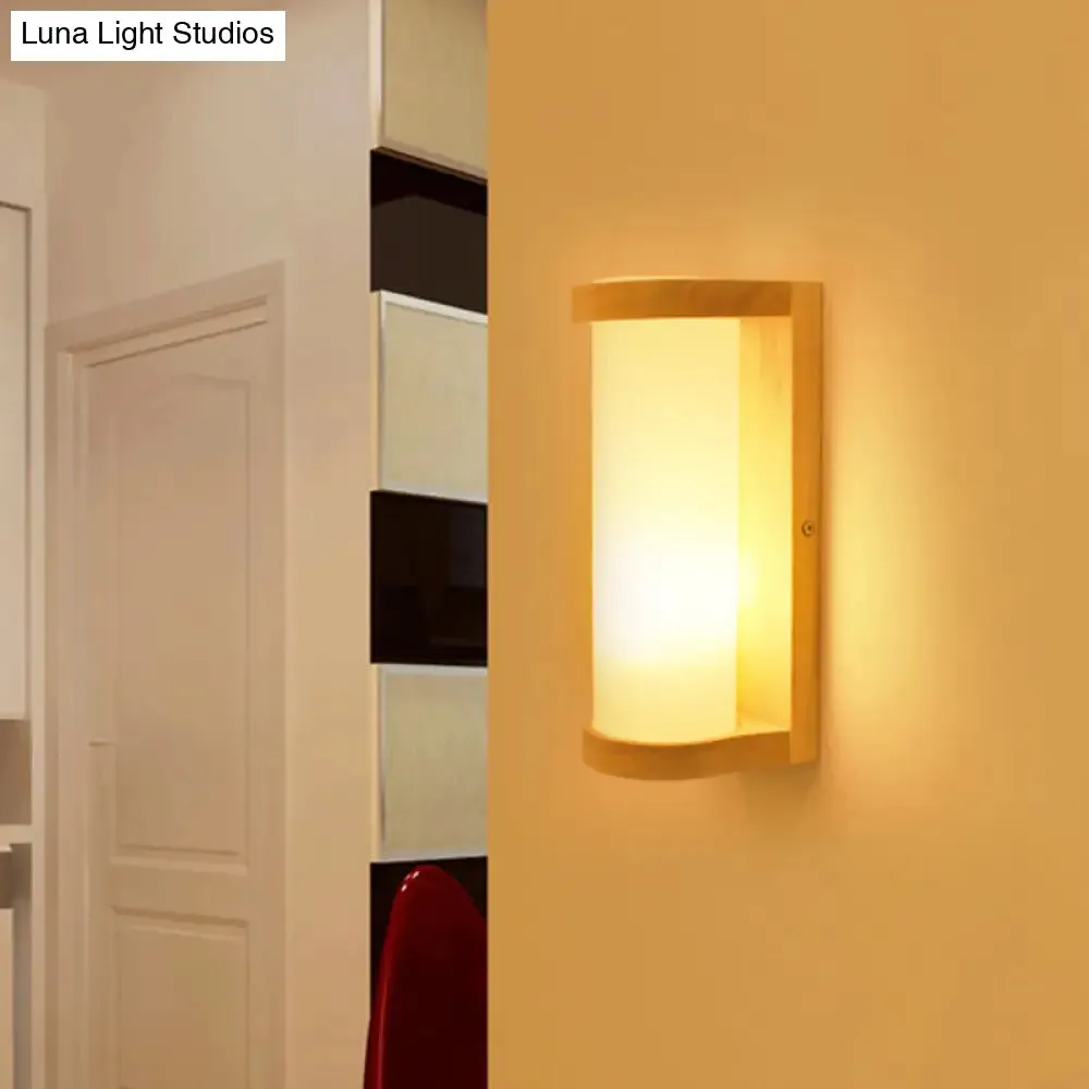Japanese Style Cylinder Cream Glass Sconce - 1 Light Wood Wall Lamp Fixture for Corners