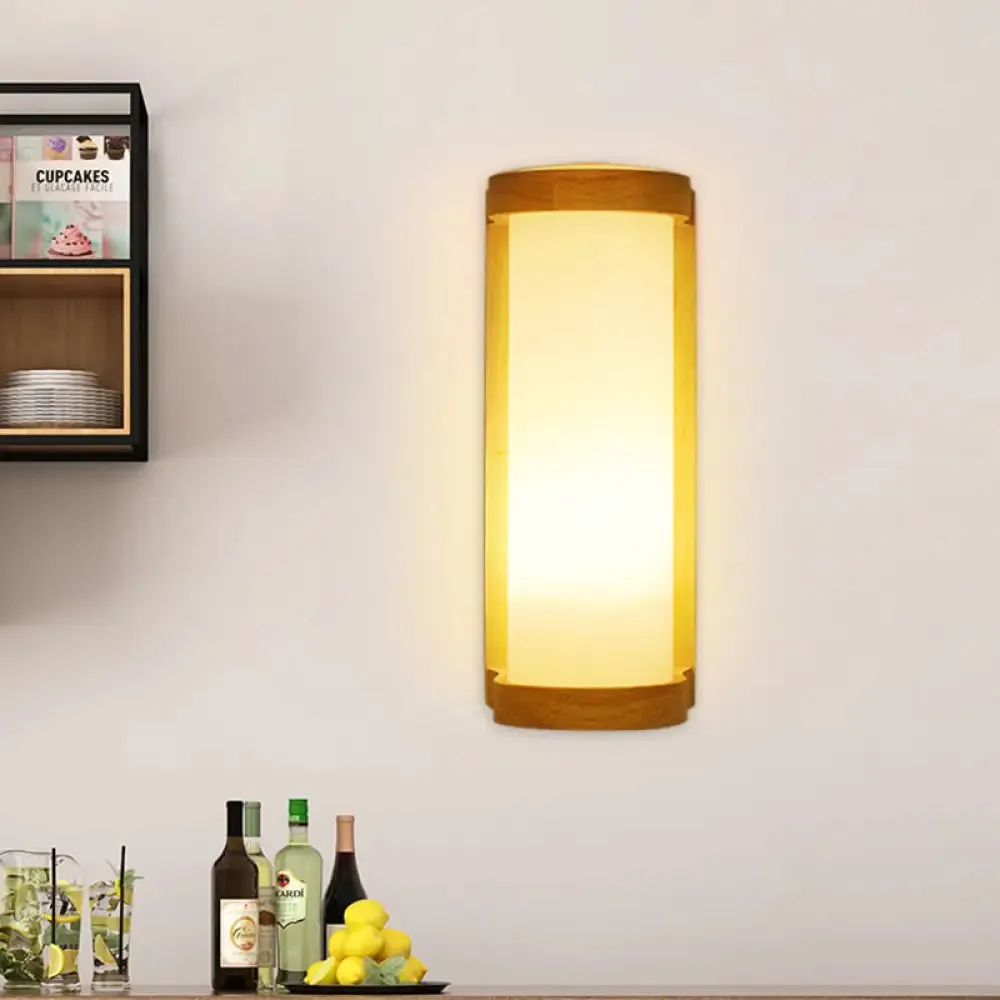 Japanese Style Cylinder Cream Glass Sconce - 1 Light Wood Wall Lamp Fixture for Corners