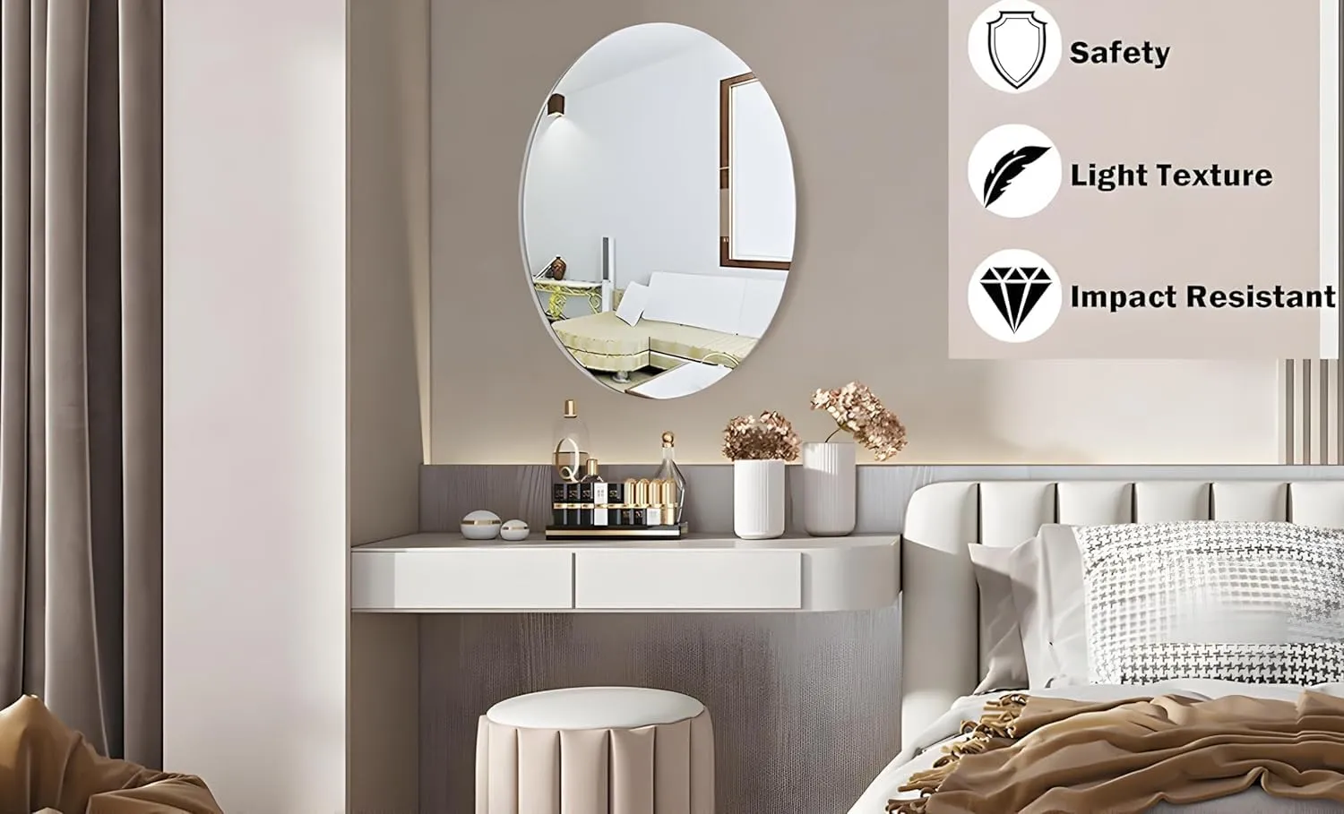 Kriq Oval shape adhesive mirror sticker for wall on tiles bathroom bedroom living room Basin Mirror Bathroom Wall Mirror Stickers unbreakable plastic wall mirror