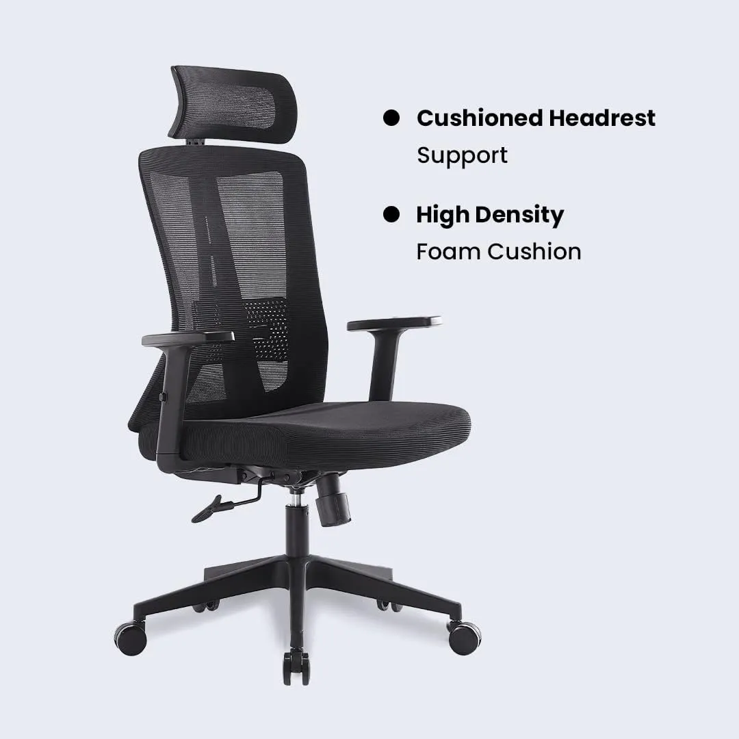 Kuber Industries Ergonomic Office Chairs for Work from Home | Comes with Manual Height Adjustable, Armrest, Headrest & Lumbar Support | Comfy Study Chair for Students with Wheels | Black | 1528A-BLK