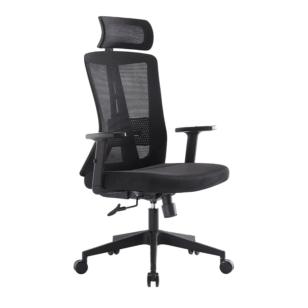 Kuber Industries Ergonomic Office Chairs for Work from Home | Comes with Manual Height Adjustable, Armrest, Headrest & Lumbar Support | Comfy Study Chair for Students with Wheels | Black | 1528A-BLK