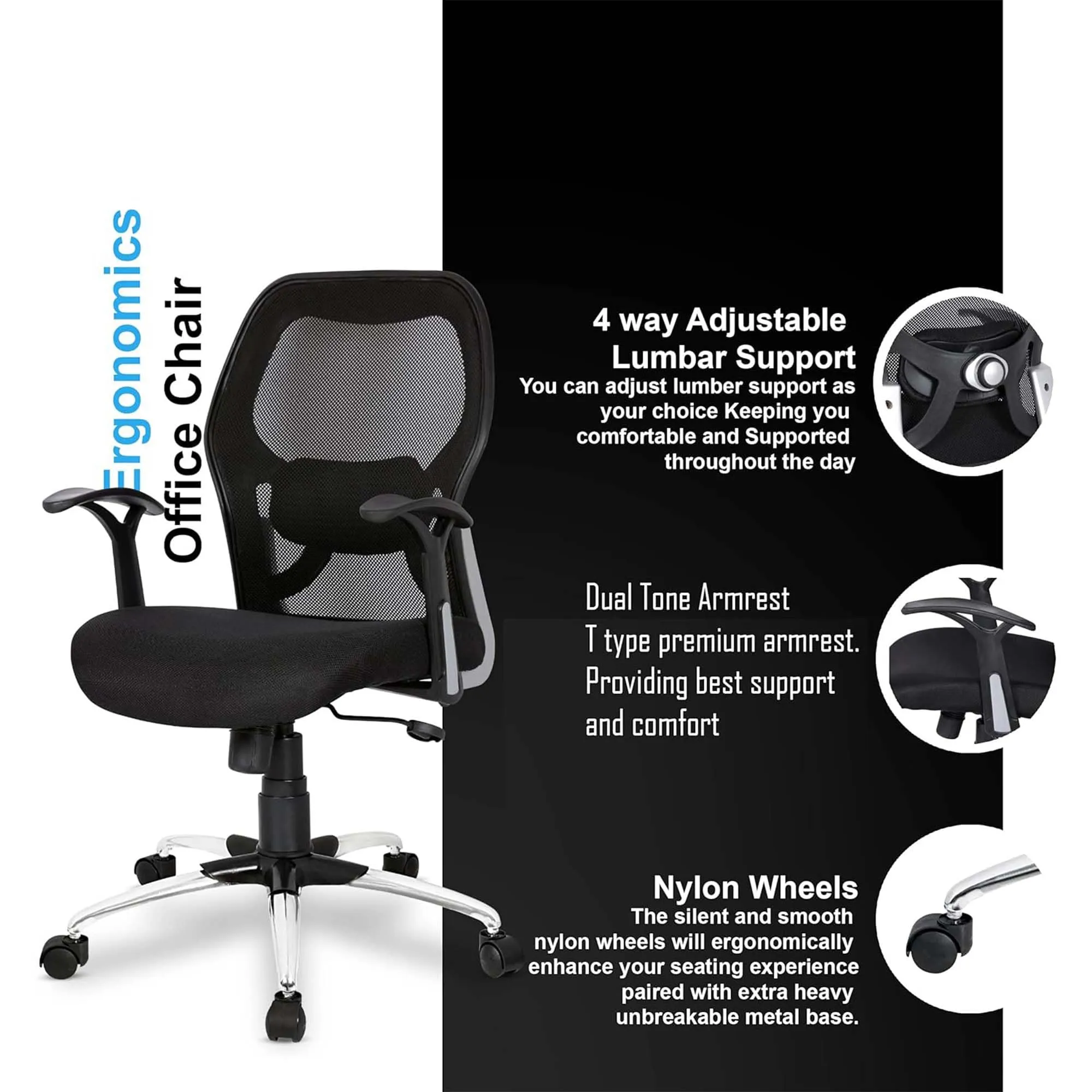 Kuber Industries Ergonomic Office Chairs for Work from Home with Meshback | Comes with Manual Height Adjustable, Armrest Support | Comfy Study Chair for Students with Wheels | Black & Green Seat