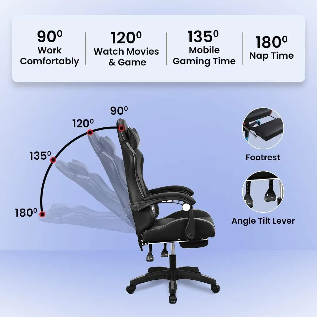 Kuber Industries Ergonomic PC Gaming Chairs with Wheels | Comes with Headrest, Lumbar Support Cushions & Footrest | Comfortable Chair for Long Sitting & Back Pain Relief | 2023-6F-BLK-Black