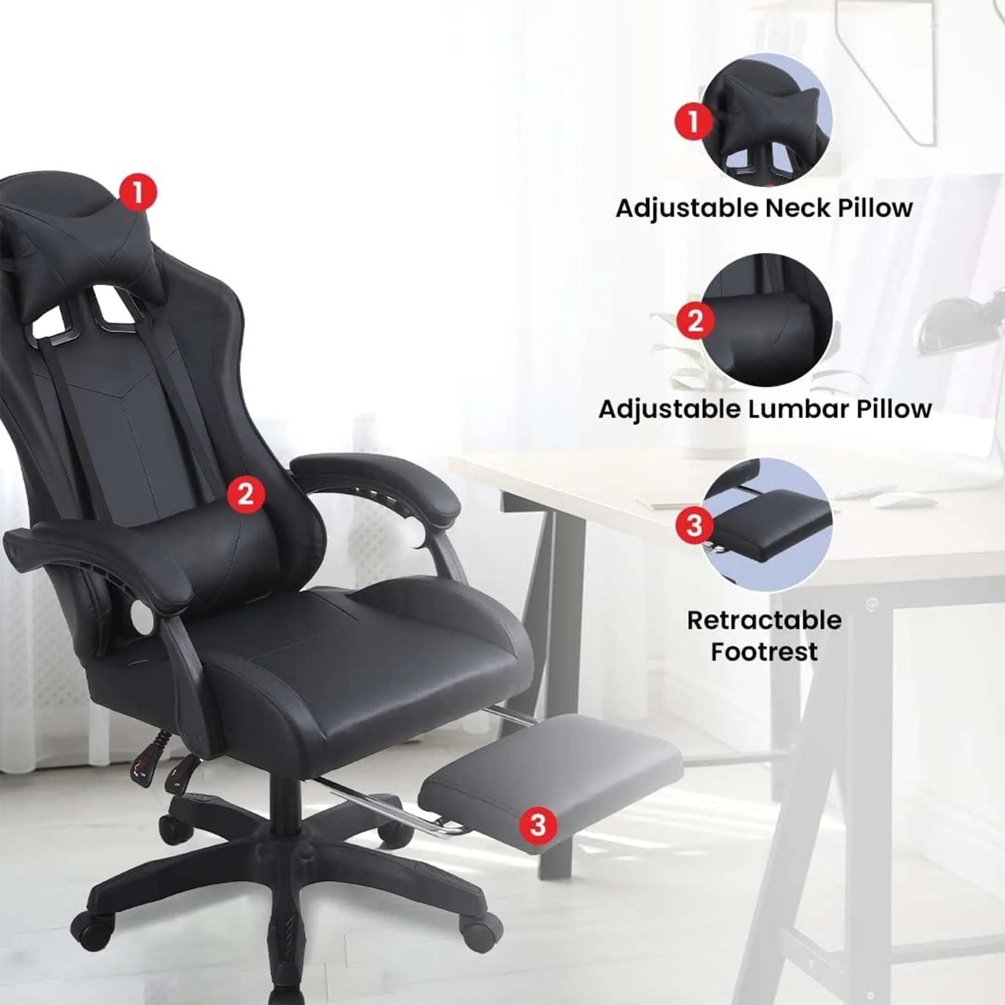 Kuber Industries Ergonomic PC Gaming Chairs with Wheels | Comes with Headrest, Lumbar Support Cushions & Footrest | Comfortable Chair for Long Sitting & Back Pain Relief | 2023-6F-BLK-Black