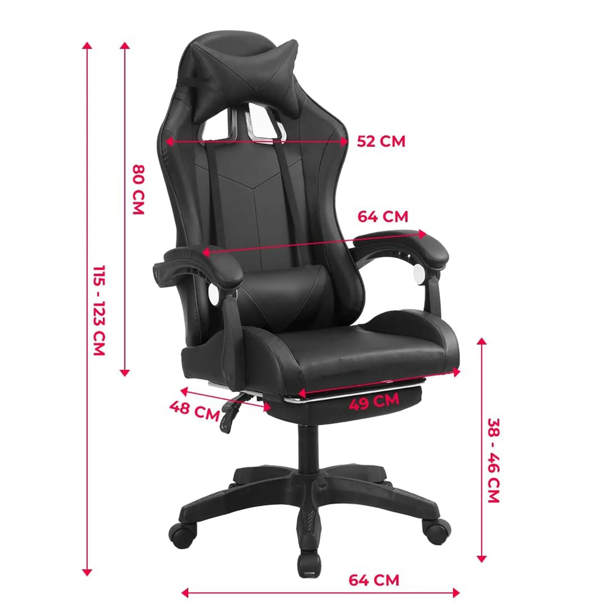 Kuber Industries Ergonomic PC Gaming Chairs with Wheels | Comes with Headrest, Lumbar Support Cushions & Footrest | Comfortable Chair for Long Sitting & Back Pain Relief | 2023-6F-BLK-Black