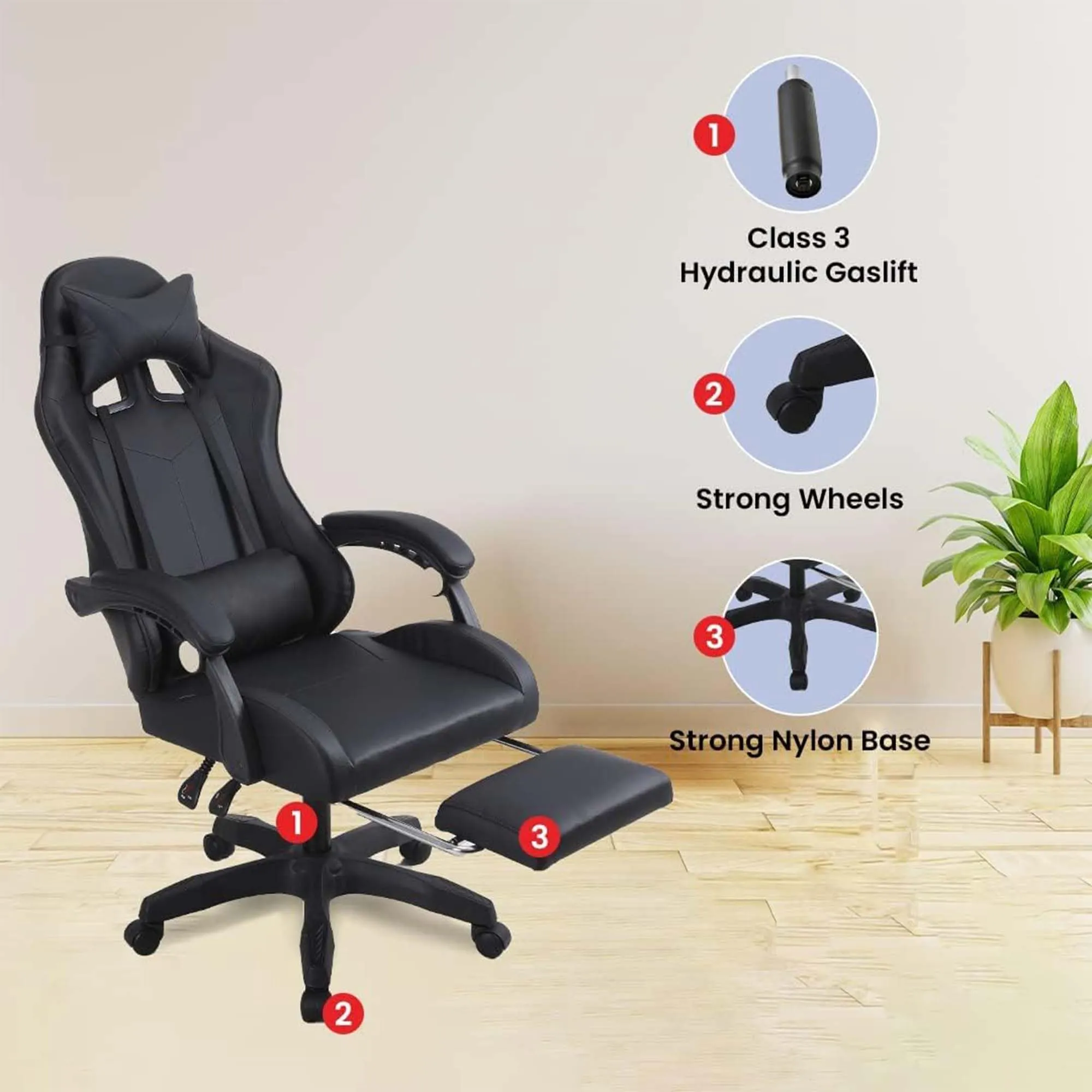 Kuber Industries Ergonomic PC Gaming Chairs with Wheels | Comes with Headrest, Lumbar Support Cushions & Footrest | Comfortable Chair for Long Sitting & Back Pain Relief | 2023-6F-BLK-Black