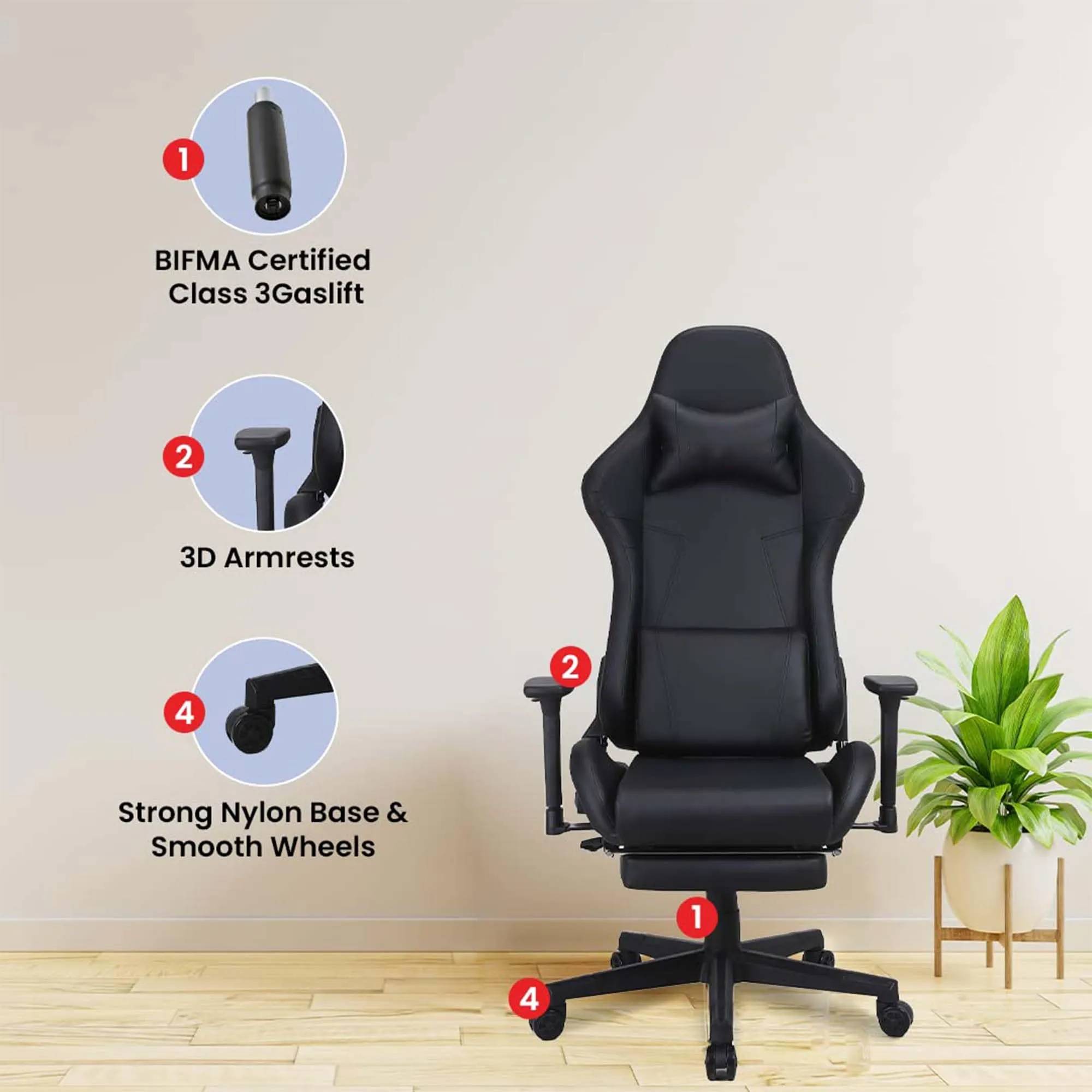 Kuber Industries Ergonomic PC Gaming Chairs with Wheels | Comes with Headrest, Lumbar Support Cushions & Footrest | Comfortable Chair for Long Sitting & Back Pain Relief | WC2022-1F-BLU-Blue