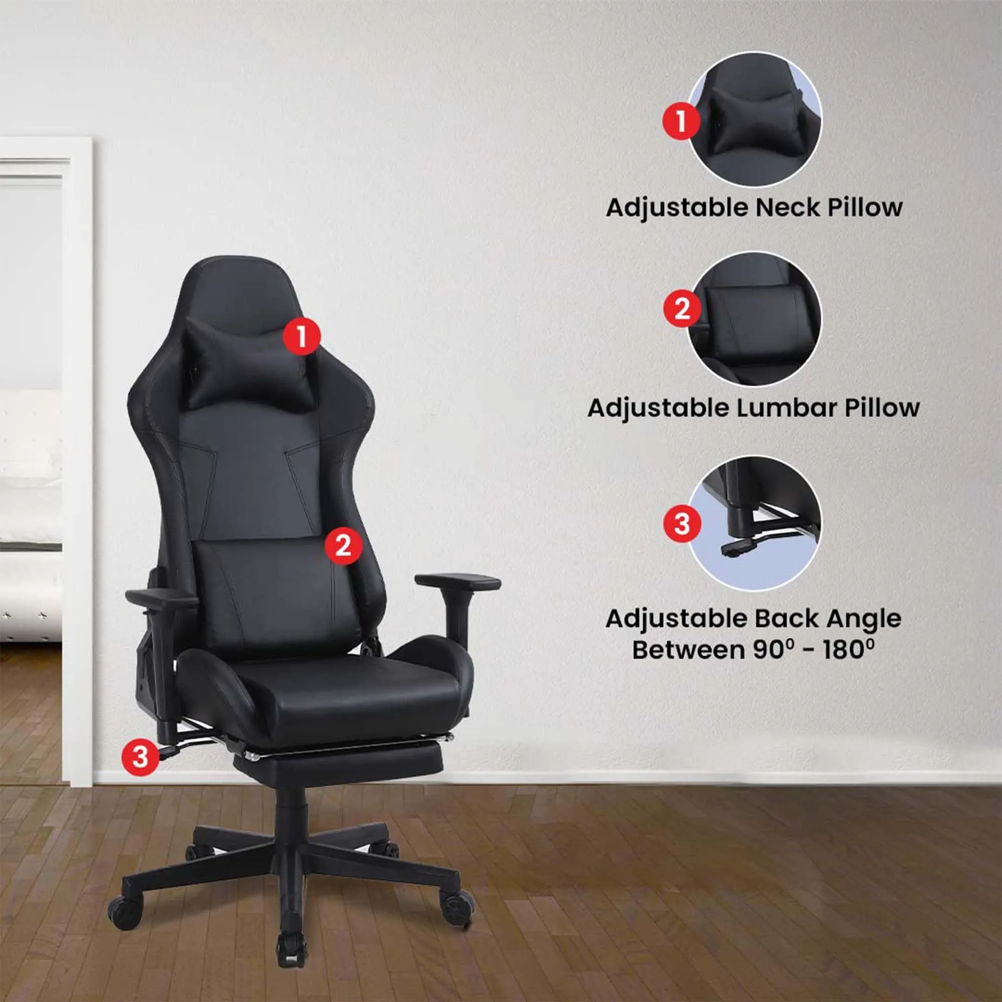 Kuber Industries Ergonomic PC Gaming Chairs with Wheels | Comes with Headrest, Lumbar Support Cushions & Footrest | Comfortable Chair for Long Sitting & Back Pain Relief | WC2022-1F-BLU-Blue