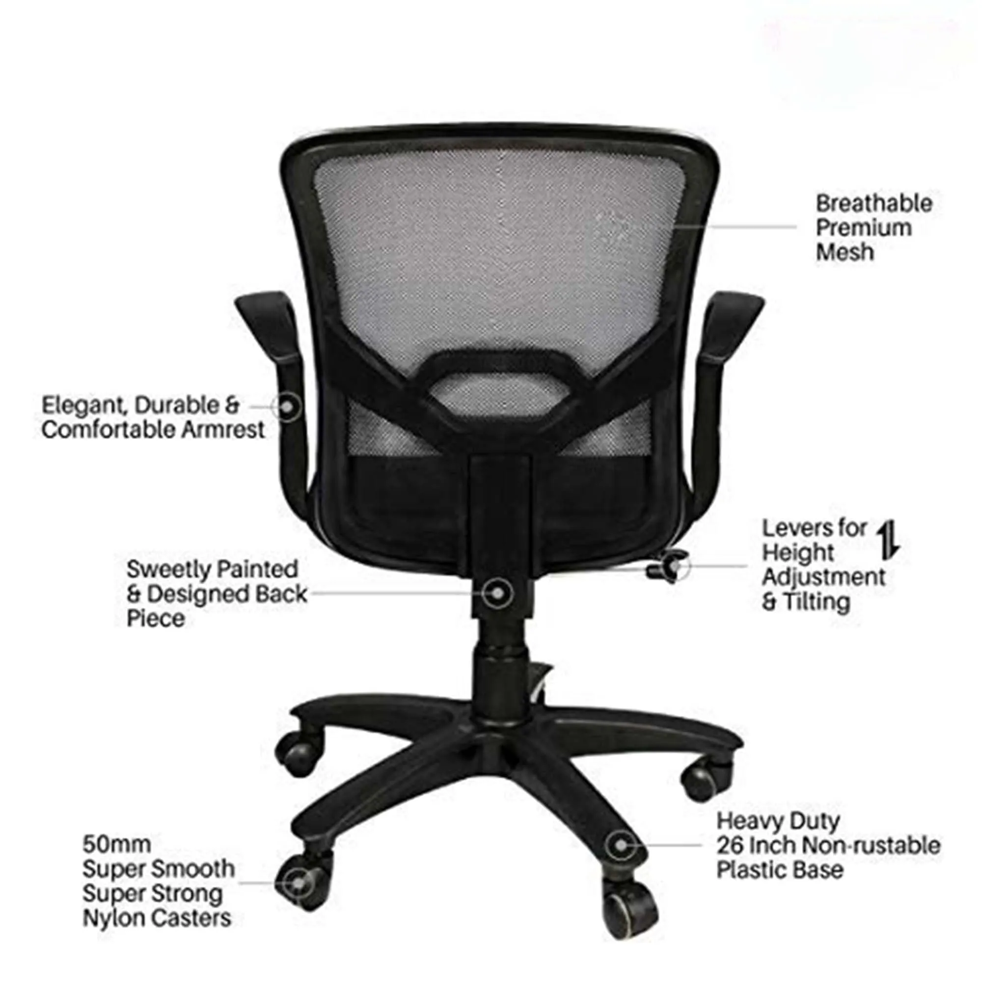 Kuber Industries Ergonomic Revolving Office Chairs for Work from Home | Comes with Manual Height Adjustable & Armrest Support | Comfy Study Chair for Students with Wheels | Black