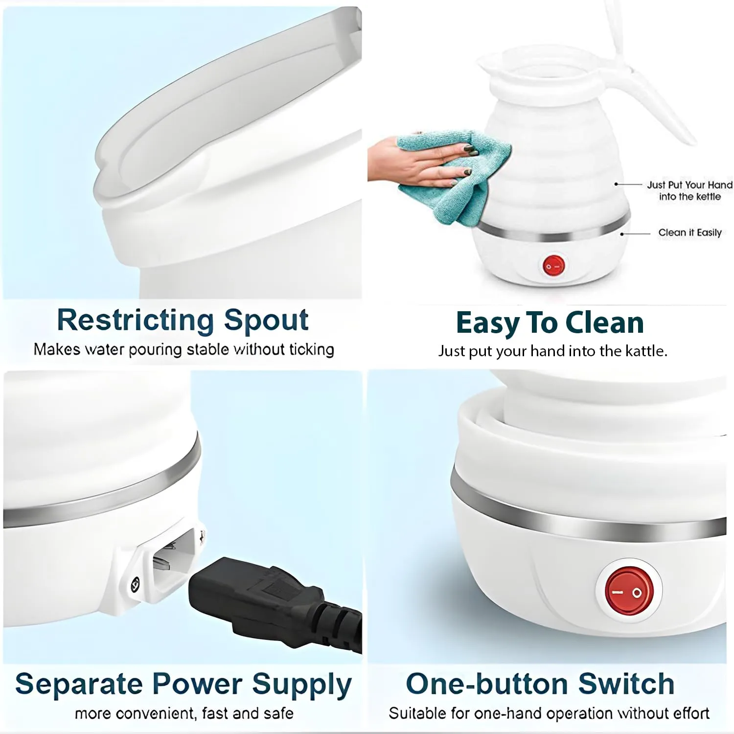 Kuber Industries Pack of 4 Foldable Electric Kettle 600 ML|Silicone Body With 304-Stainless Steel Base|Leak Proof Design|Multipurpose Portable Electric Kettle for Travel, Office & Home|600W|White