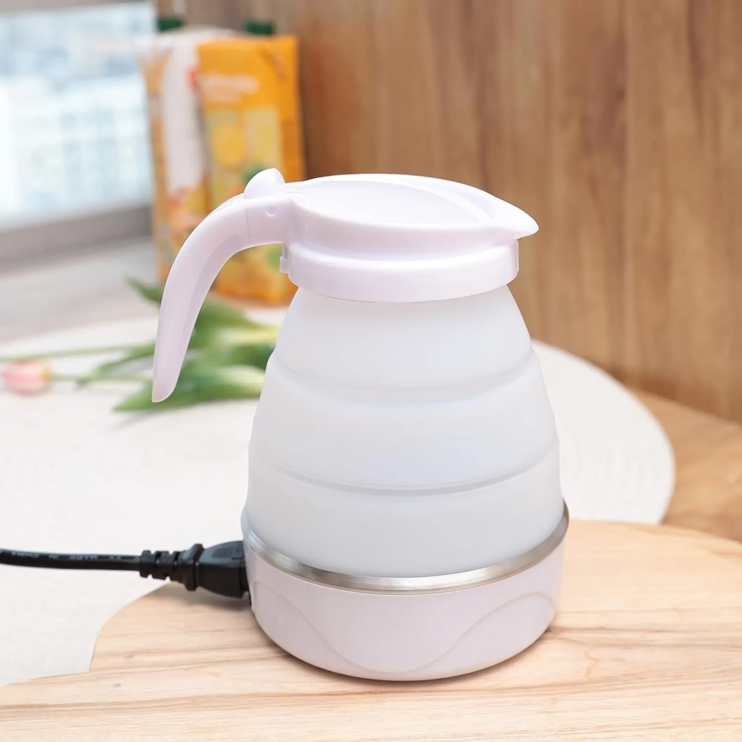 Kuber Industries Pack of 4 Foldable Electric Kettle 600 ML|Silicone Body With 304-Stainless Steel Base|Leak Proof Design|Multipurpose Portable Electric Kettle for Travel, Office & Home|600W|White