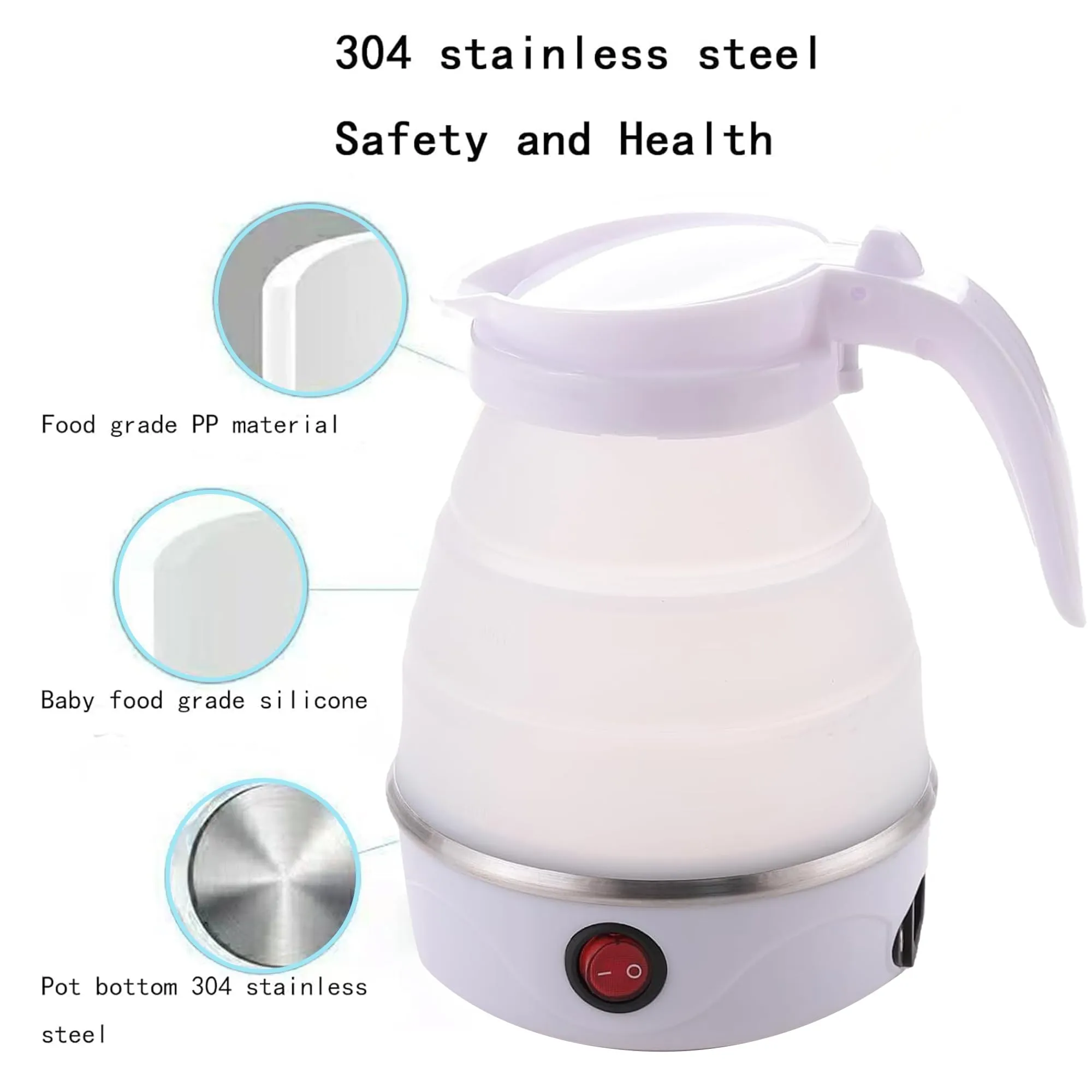 Kuber Industries Pack of 4 Foldable Electric Kettle 600 ML|Silicone Body With 304-Stainless Steel Base|Leak Proof Design|Multipurpose Portable Electric Kettle for Travel, Office & Home|600W|White