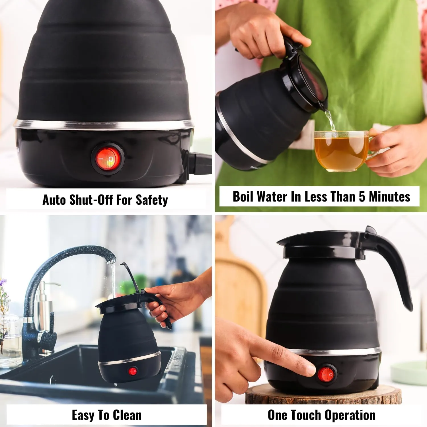 Kuber Industries Pack of 6 Foldable Electric Kettle 600 ML|Silicone Body With 304-Stainless Steel Base|Leak Proof Design|Multipurpose Portable Electric Kettle for Travel, Office & Home|600W|Black
