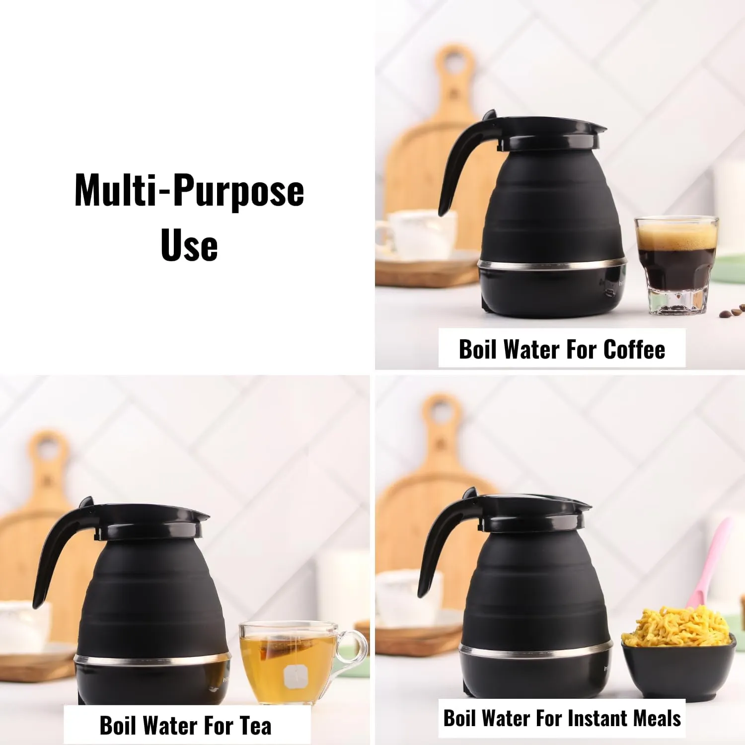 Kuber Industries Pack of 6 Foldable Electric Kettle 600 ML|Silicone Body With 304-Stainless Steel Base|Leak Proof Design|Multipurpose Portable Electric Kettle for Travel, Office & Home|600W|Black